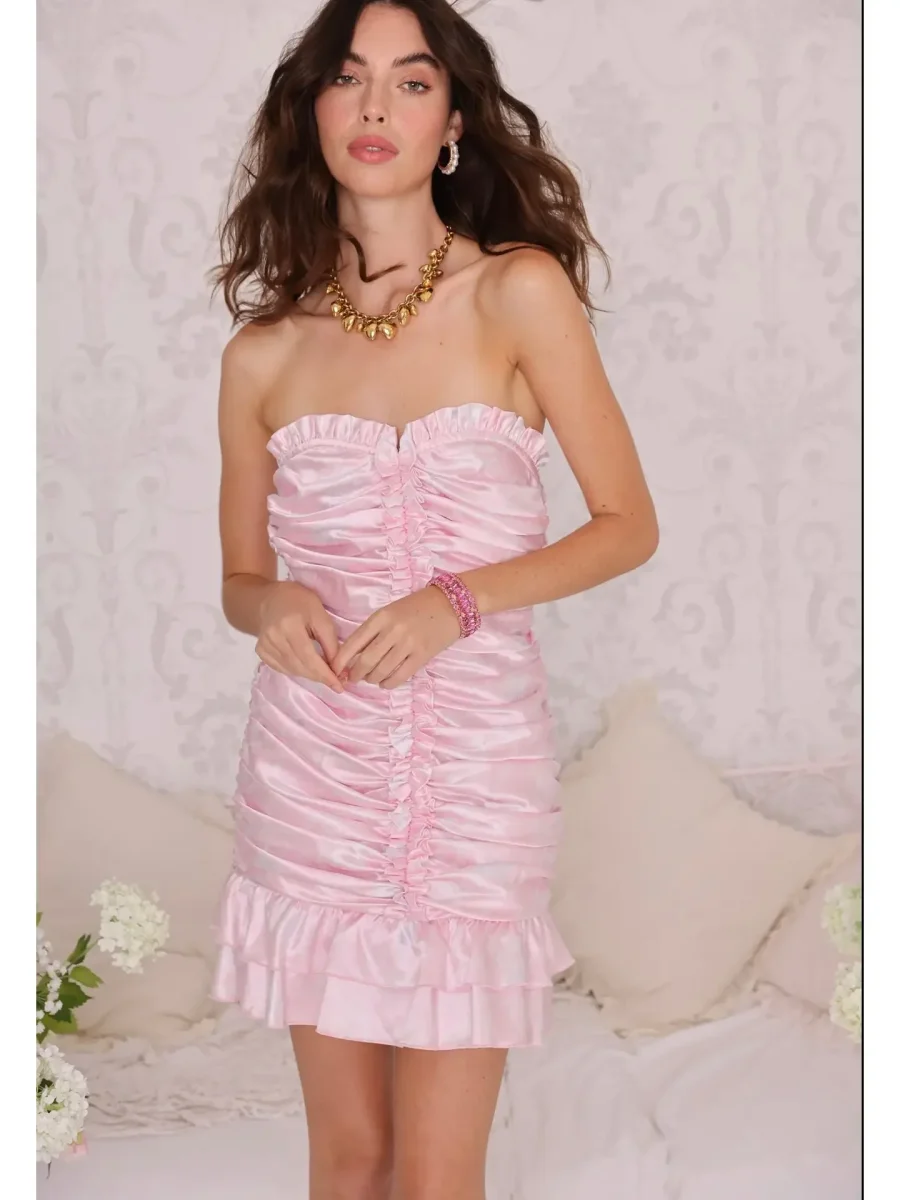 Amy Jane London Emilia Pink Satin Sweetheart Strapless Ruched Mini Dress - Imagen 7