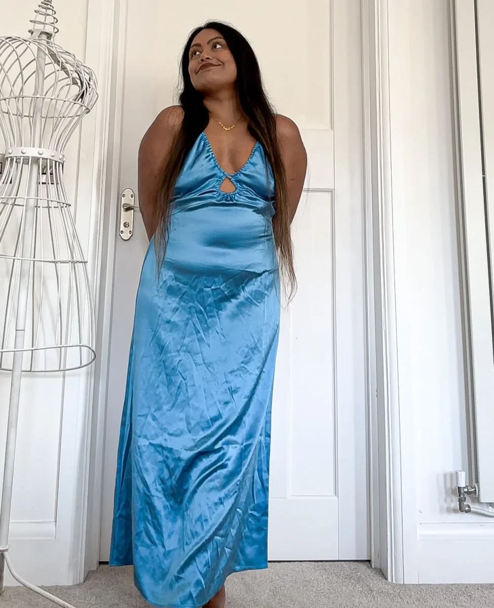 Reformation Antoni Keyhole Silk-Satin Midi Dress in Grotto Blue