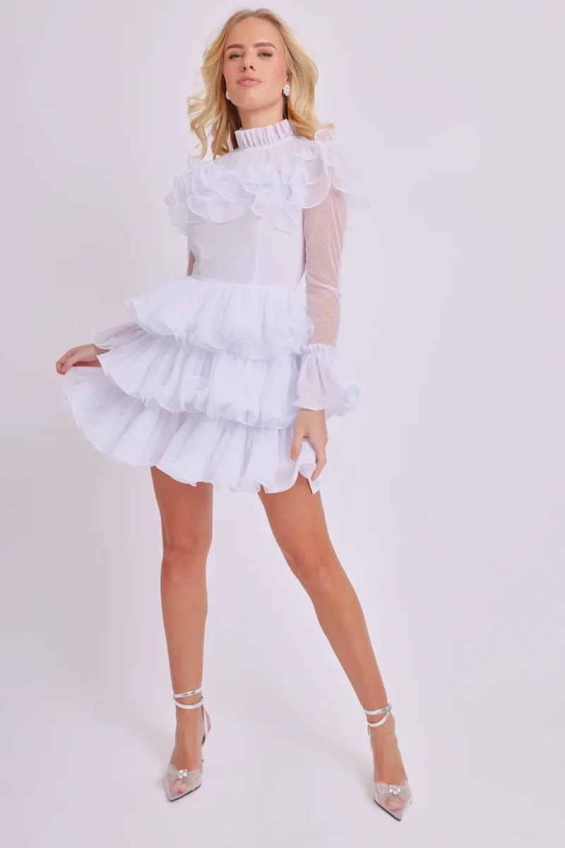 Amy Jane London White Long Sleeve Ruffle Tiered Detail Flared Evalina Mini Dress - Imagen 8