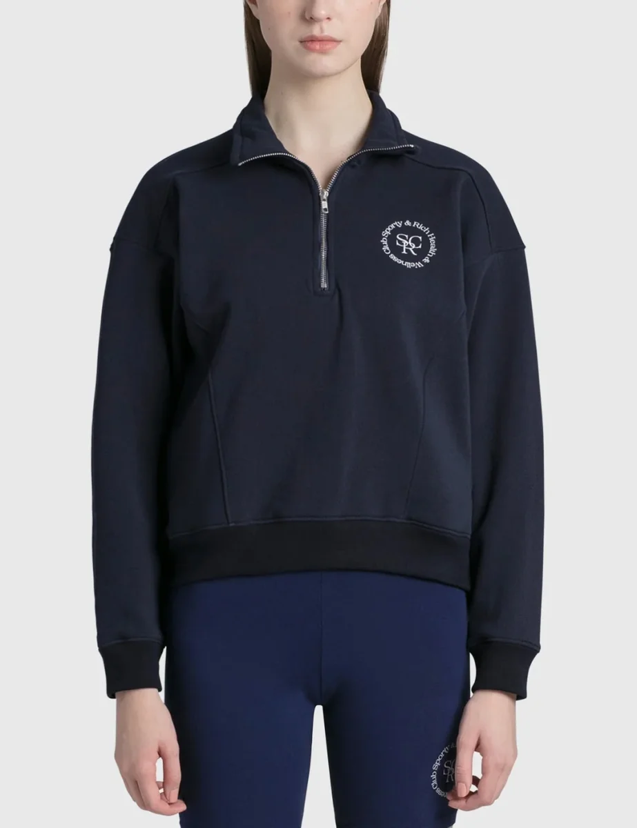 Sporty & Rich Navy Logo Front Quarter Zip Sweatshirt - Imagen 6