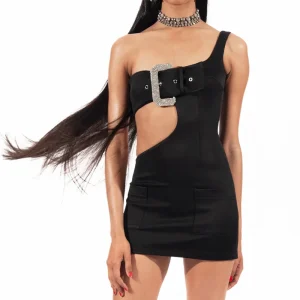 AREA Crystal Buckle Black Cutout Mini Dress