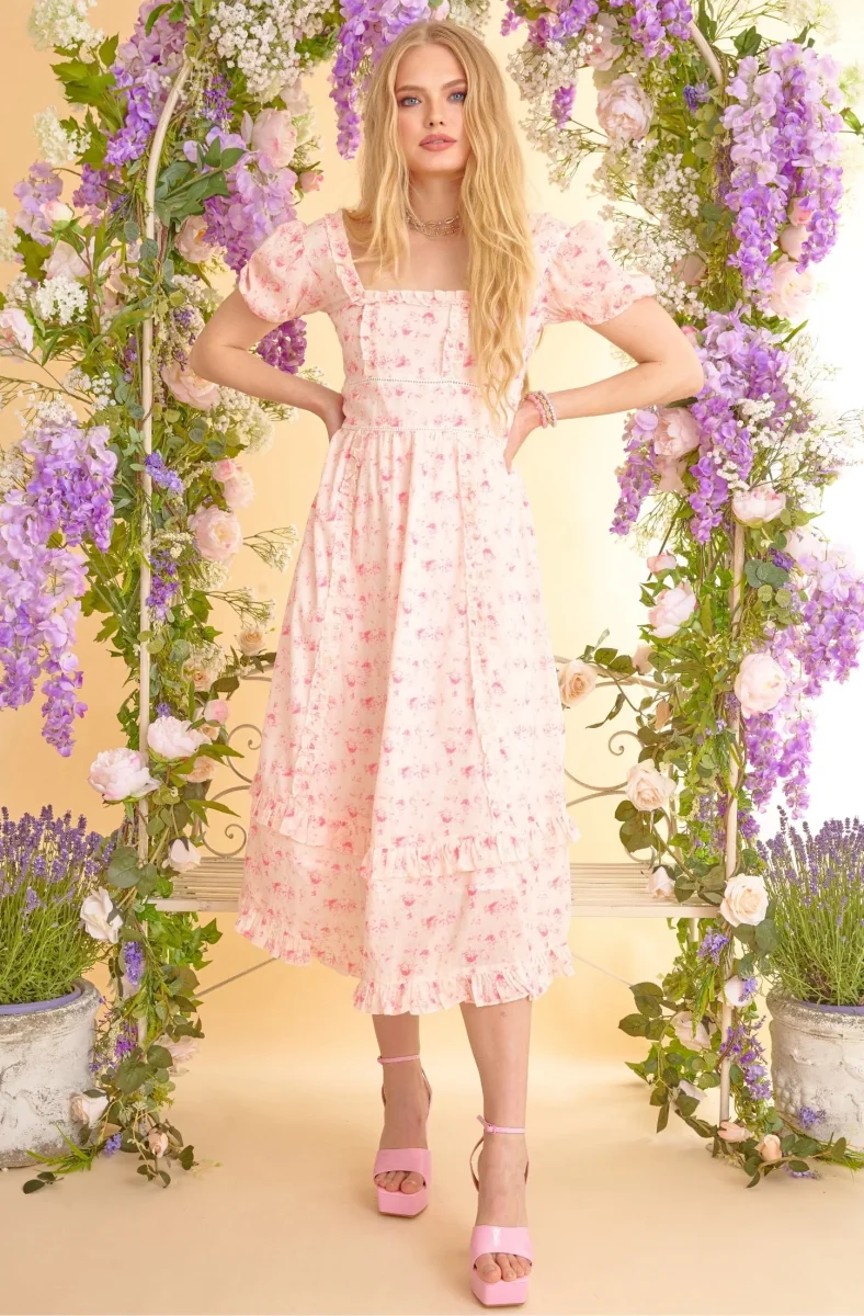 Amy Jane London Fairytale Heidi Floral Ruffle Detail Puff Sleeve Midi Dress