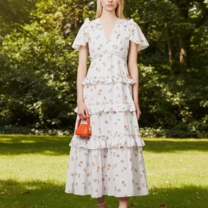 Needle & Thread Floral Scatter Ditsy Tiered Hem Organic Cotton Midi Dress