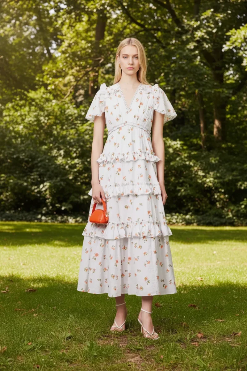 Needle & Thread Floral Scatter Ditsy Tiered Hem Organic Cotton Midi Dress