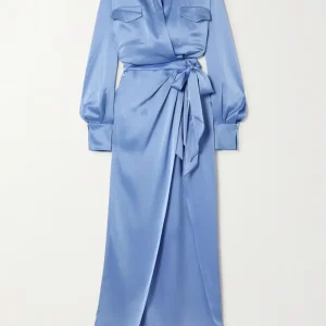 DAVID KOMA Blue Satin Wrap V-Neck Gown Dress