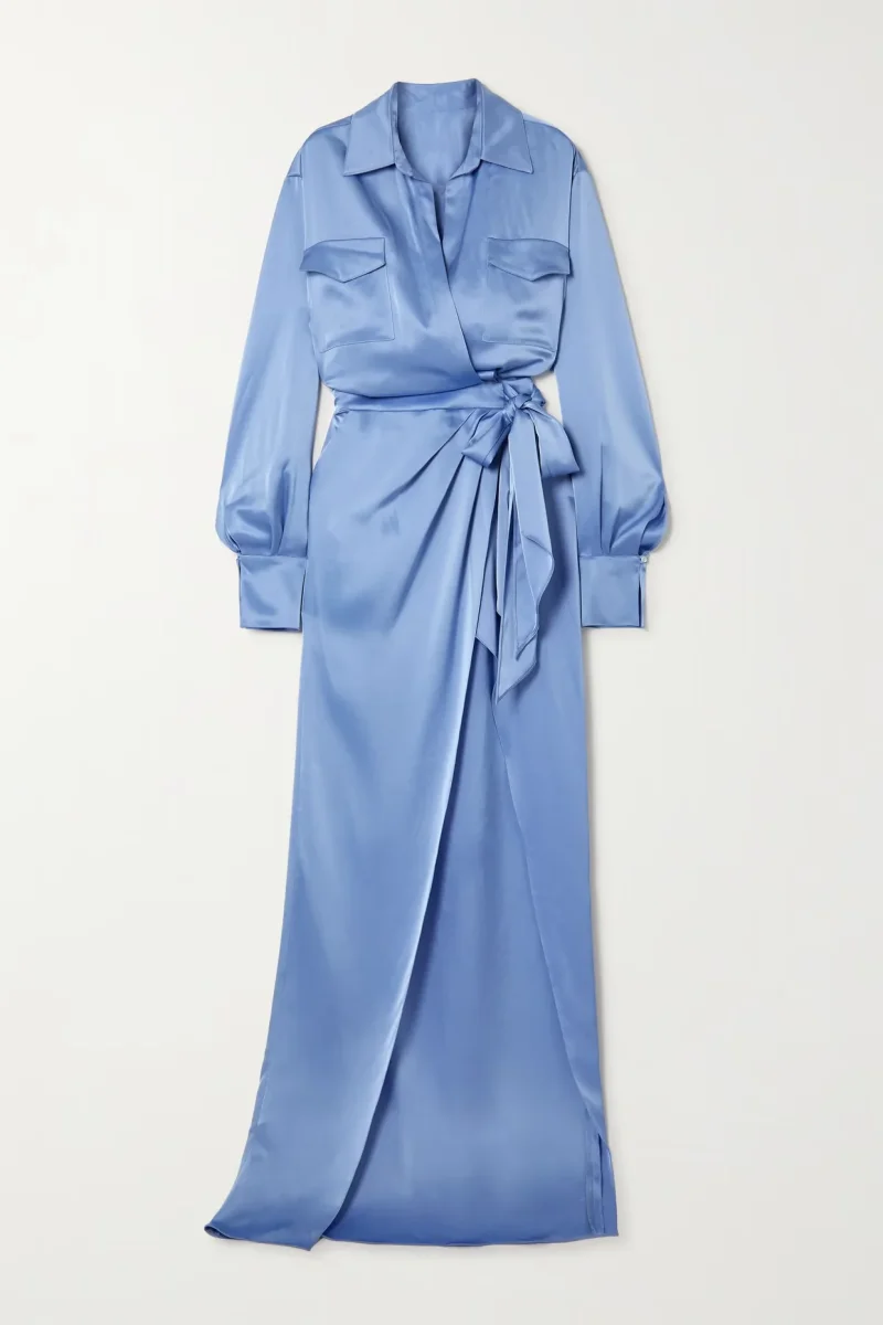 DAVID KOMA Blue Satin Wrap V-Neck Gown Dress - Imagen 2