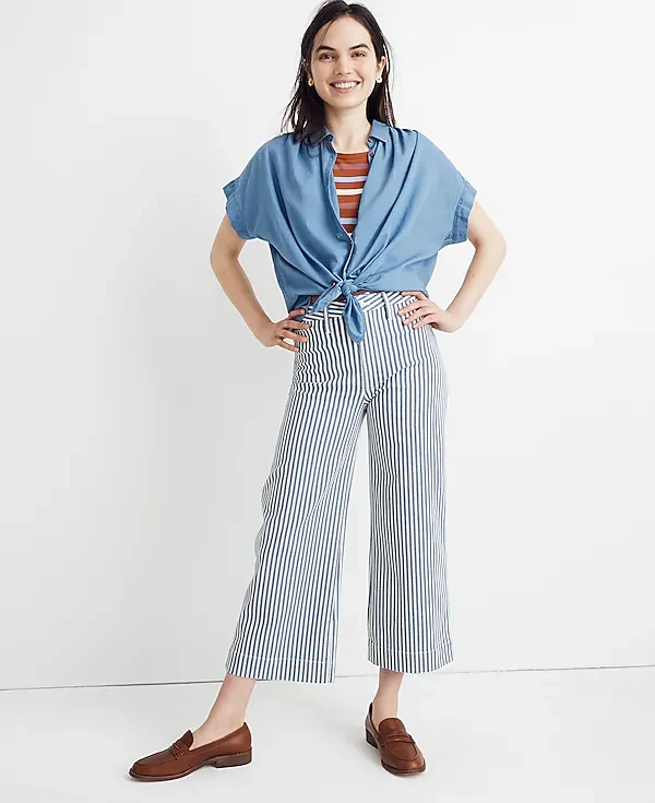 Madewell Emmett Wide-Leg Crop Pants Trousers in Herringbone Railroad Stripe - Imagen 3