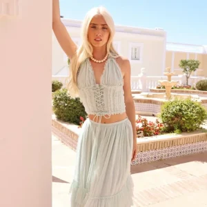 Amy Jane London Aqua Iris Halterneck Corset Bodice Ruffle Tiered Whimsy Skirt Co-Ord Set