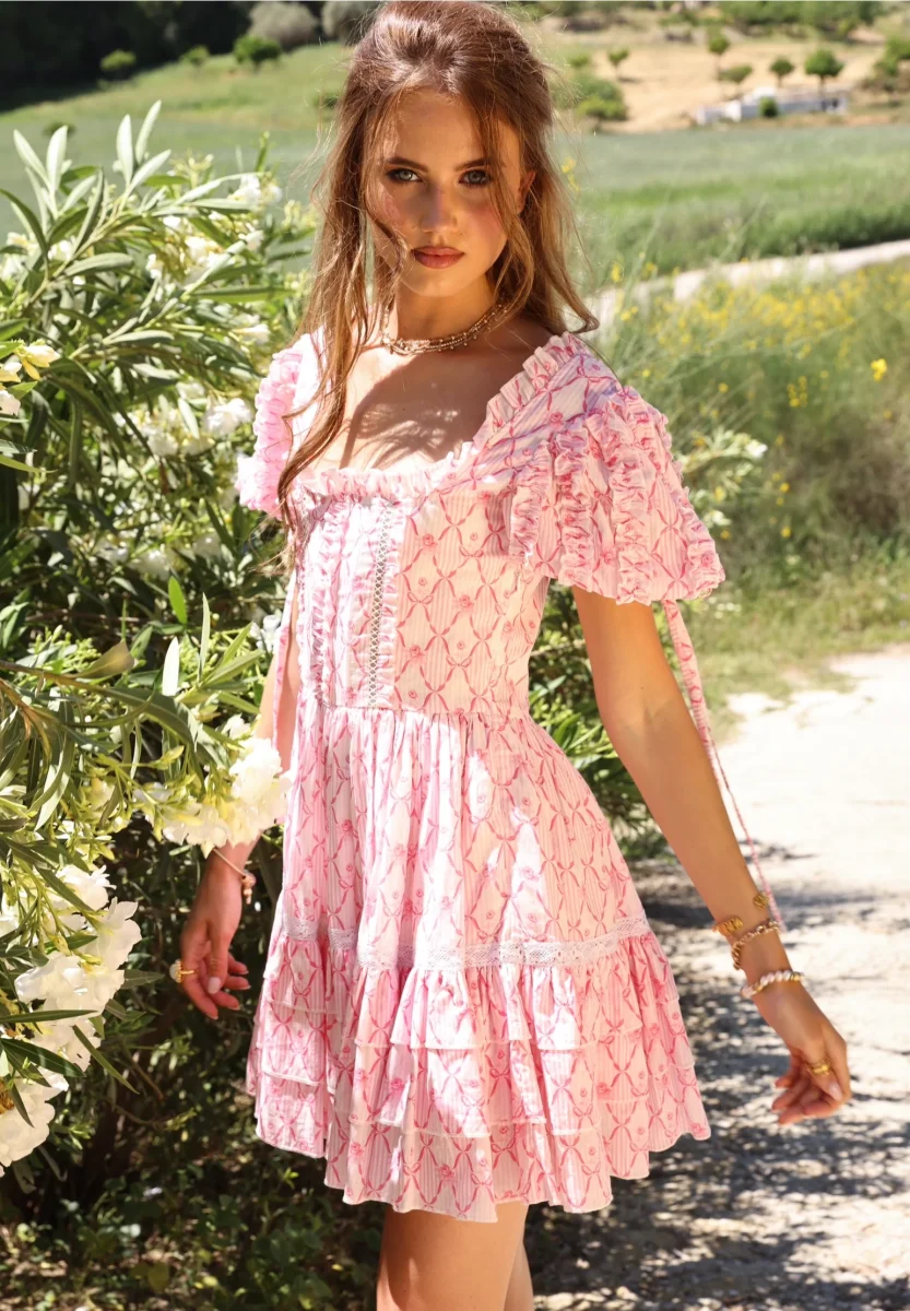 Amy Jane London Pink Beatrice Coquette Bow Print Square Neck Ruffle Puff Sleeve Mini Dress - Imagen 5