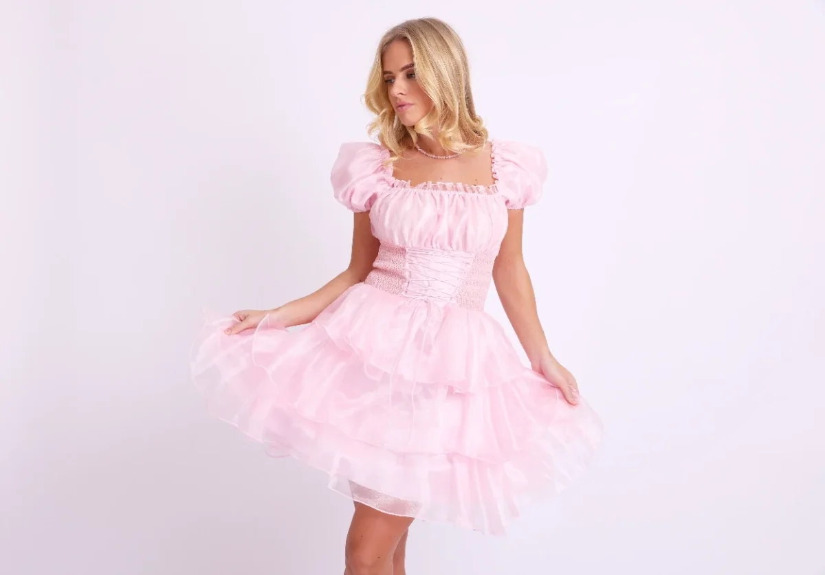 Amy Jane London Pink Arabella Organza Puff Sleeve Corset Bodice Prairie Mini Dress - Imagen 8