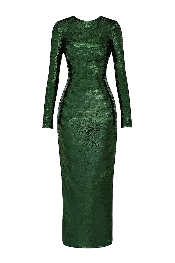 House Of CB Belle Sequinned Pine Green Open Back Maxi Dress - Imagen 3