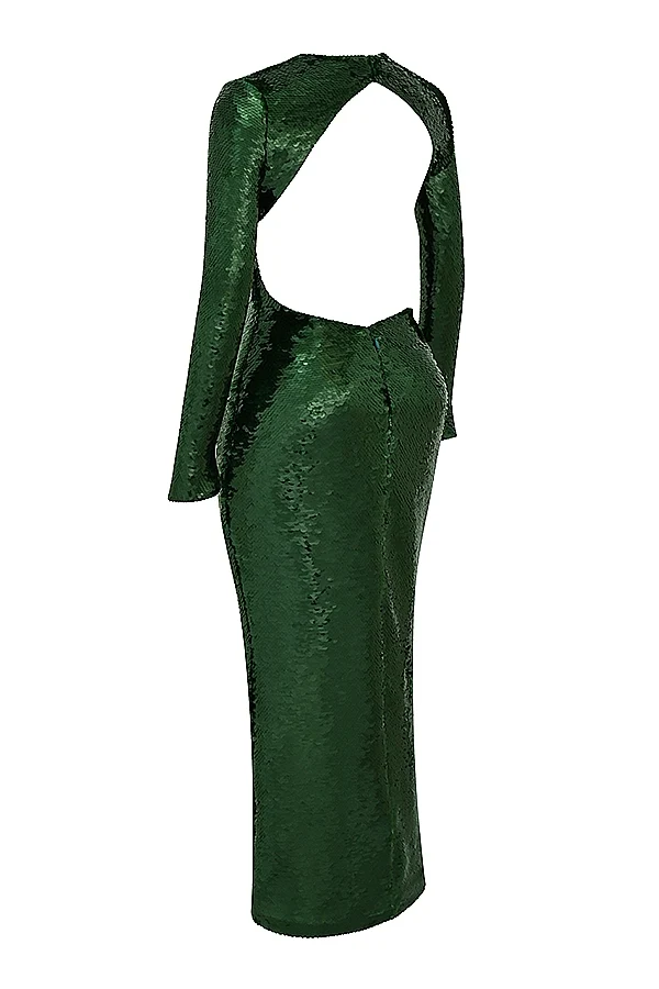 House Of CB Belle Sequinned Pine Green Open Back Maxi Dress - Imagen 4