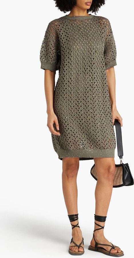 Brunello Cucinelli Green Crochet Open Knit Cotton Linen Silk Blend Dress - Imagen 7