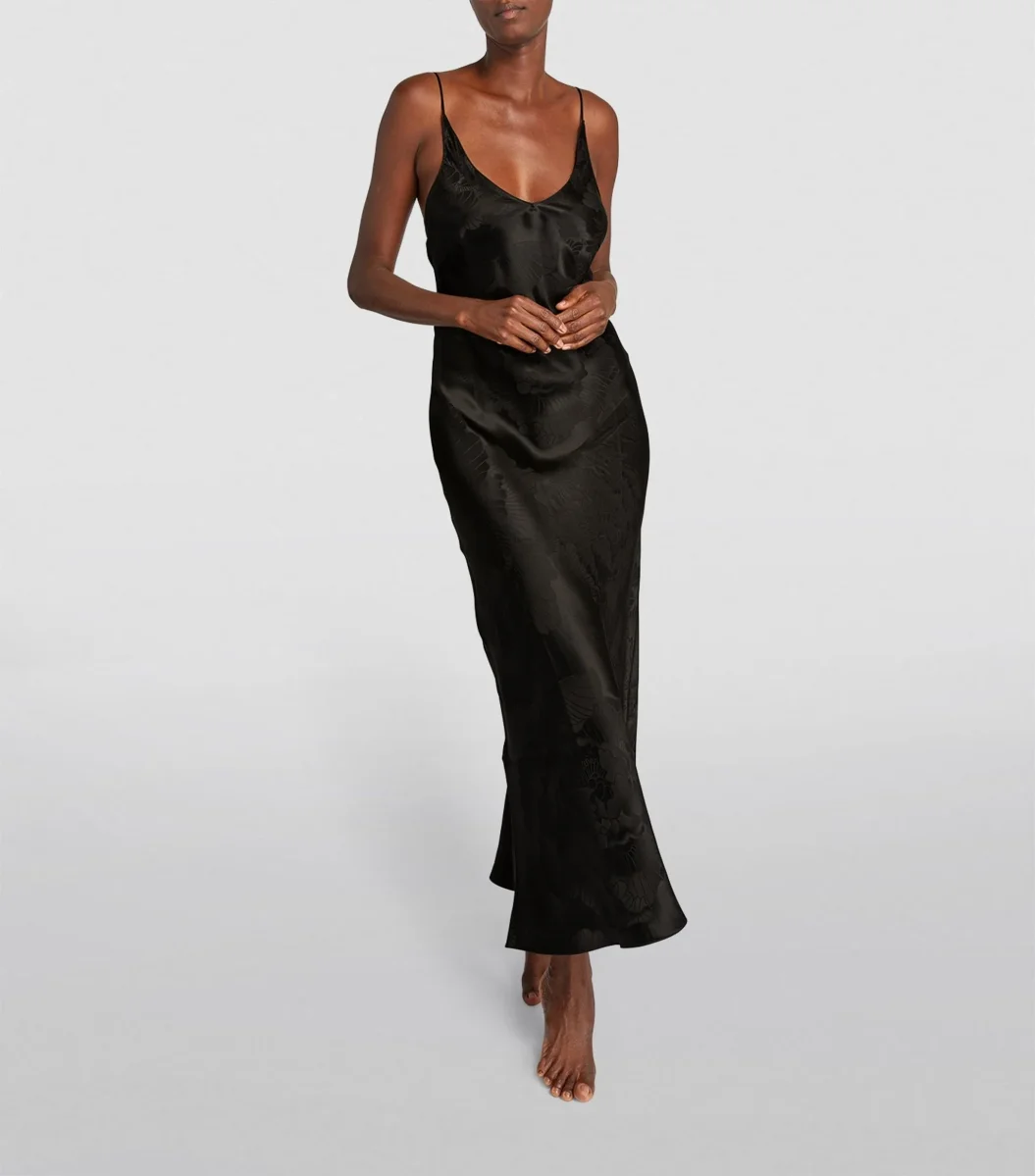 CARINE GILSON Silk Jacquard Print Midi Slip Black Dress - Imagen 4