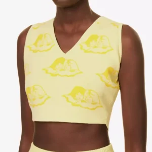 Fiorucci Yellow Angel Cherub Print Knit V-Neck Top