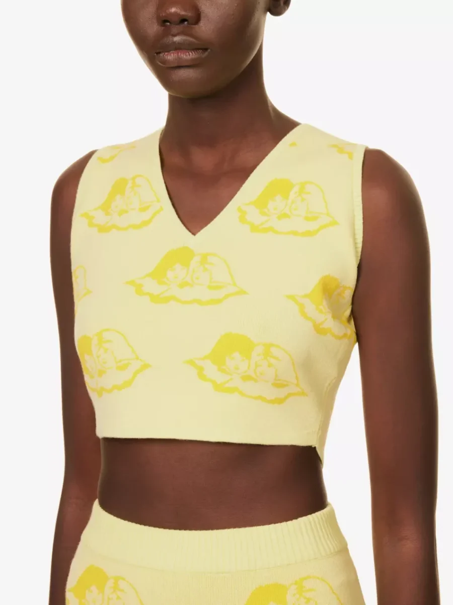 Fiorucci Yellow Angel Cherub Print Knit V-Neck Top - Imagen 2
