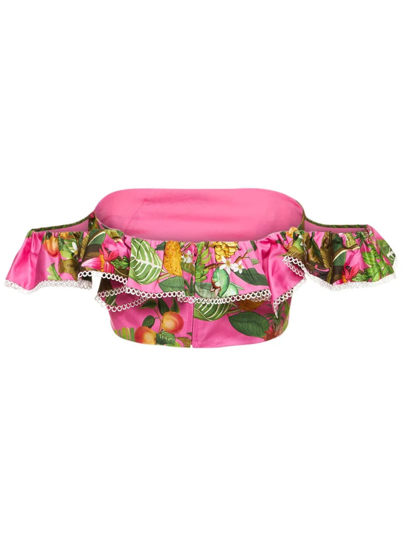 Borgo De Nor Pink Tropical Jazz Printed Cotton Crop Top - Imagen 4