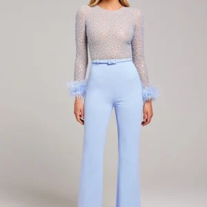 Nadine Merabi Blue Amelia Pearl Sequinned Feather Trim Cuff Jumpsuit