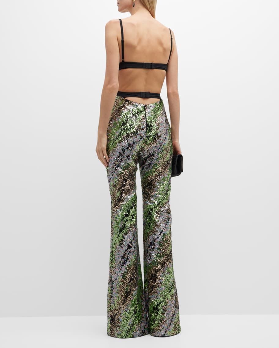 Halpern Sequin Emerald Green Cut-Out Bra Backless Party Mod 70s Jumpsuit - Imagen 5