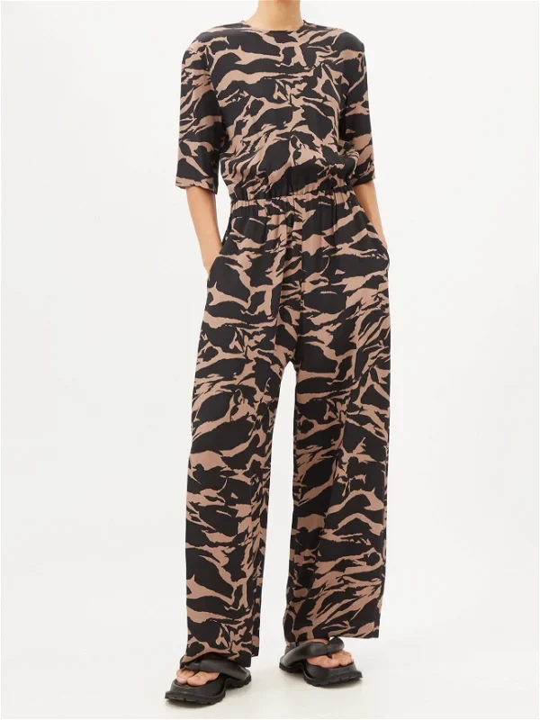 RAEY Camo-Tiger Print Silk Cinched Elastic Waist Wide-Leg Jumpsuit - Imagen 3