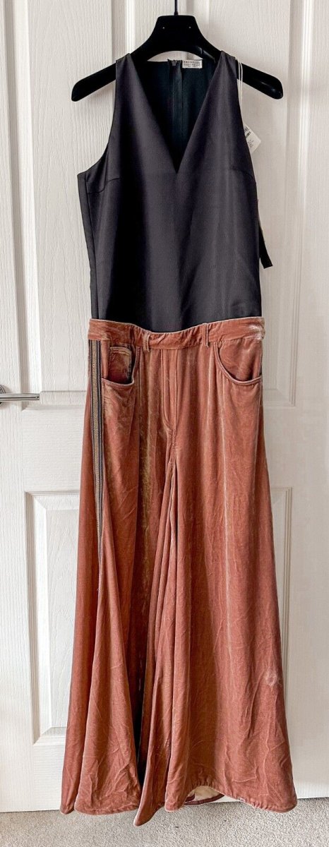 Brunello Cucinelli Black Tailored Top Pink Velvet Trouser 2-in-1 Wide Leg Jumpsuit - Imagen 3