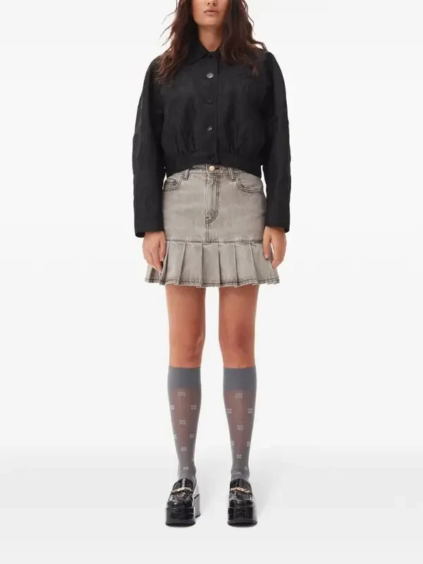 Ganni Grey Preppy Pleated Hem Logo Patch Mini Skirt - Imagen 3