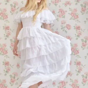 Amy Jane London White Aurelia Bardot Tiered Maxi Dress