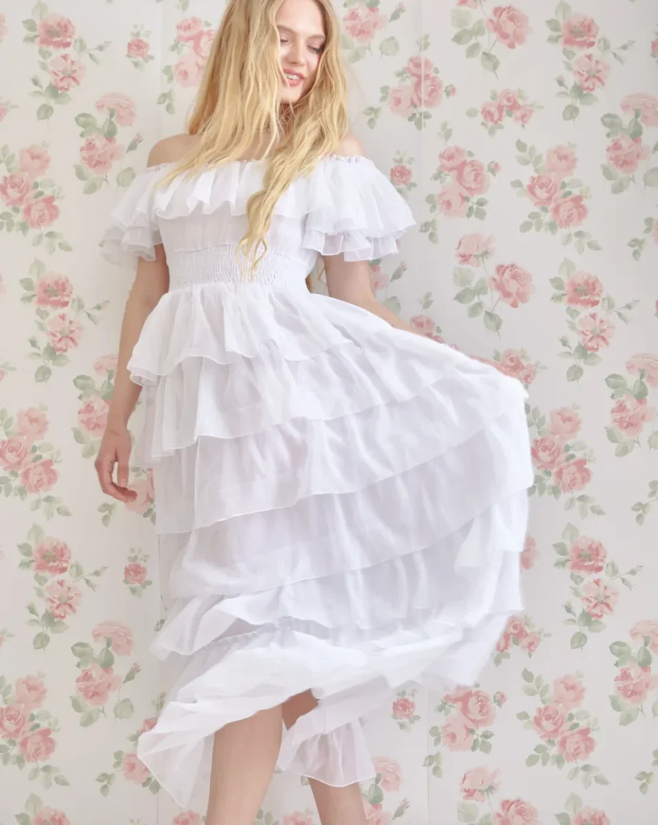 Amy Jane London White Aurelia Bardot Tiered Maxi Dress