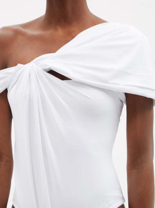 MAXIMILIAN DAVIS Disco White Asymmetric Draped Stretch-jersey Bodysuit Top - Imagen 3