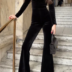 Nadine Merabi Black Natalia Velvet Corseted Sweeheart Neck Jumpsuit