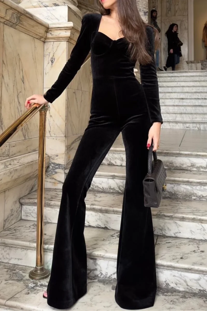 Nadine Merabi Black Natalia Velvet Corseted Sweeheart Neck Jumpsuit
