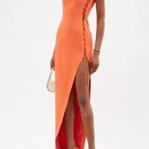 David Koma Orange Lace-up Side-slit Crepe Gown