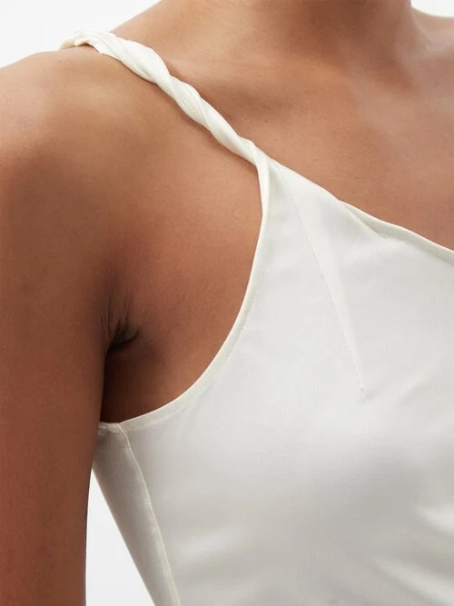 LUDOVIC DE DAINT SERNIN White Asymmetric Lace-Up Side Silk-Jersey Top - Imagen 4