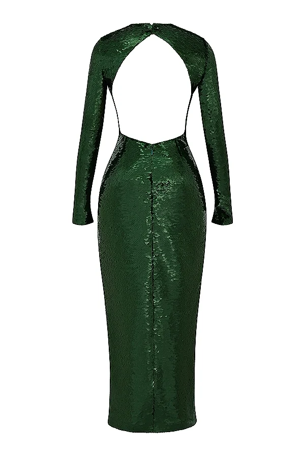 House Of CB Belle Sequinned Pine Green Open Back Maxi Dress - Imagen 5
