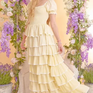 Amy Jane London Lemon Yellow Luna Tiered Ruffled Puff Sleeve Maxi Dress