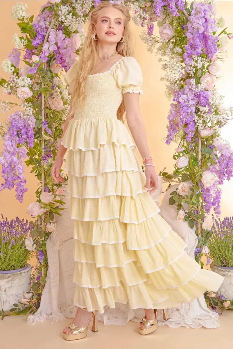 Amy Jane London Lemon Yellow Luna Tiered Ruffled Puff Sleeve Maxi Dress - Imagen 2
