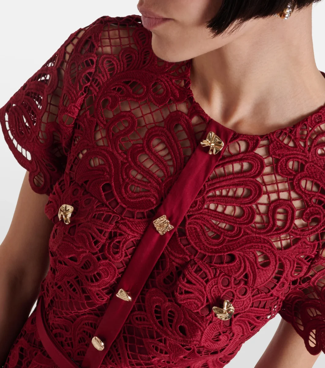 Self-Portrait Red Guipure Lace Gold Button Detail Midi Dress - Imagen 5