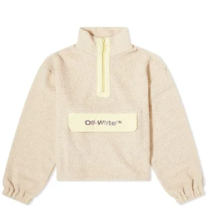 Off-White Logo Spellout Front Beige Teddy Fleece Zip-Up Neck Sweatshirt