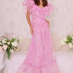 Amy Jane London Pink Aurora Fairytale Organza Floral Ruffle Neck Whimsy Gown