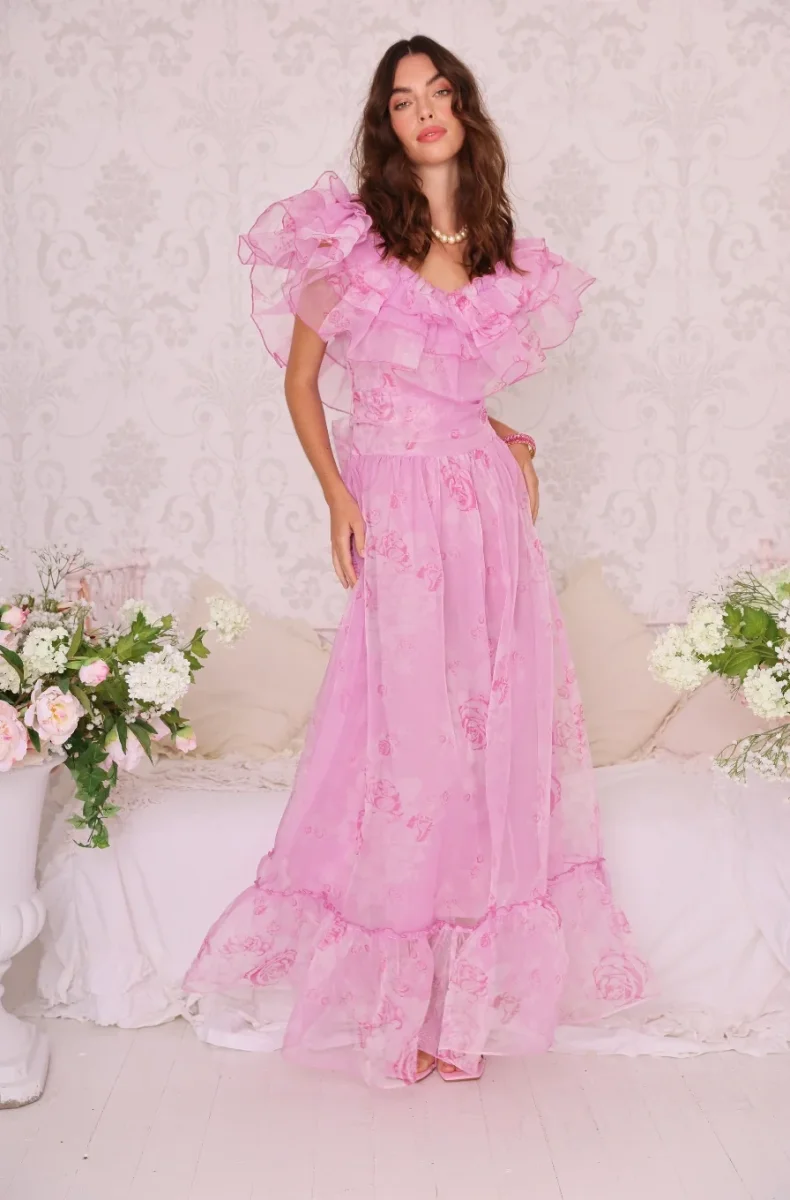 Amy Jane London Pink Aurora Fairytale Organza Floral Ruffle Neck Whimsy Gown - Imagen 2