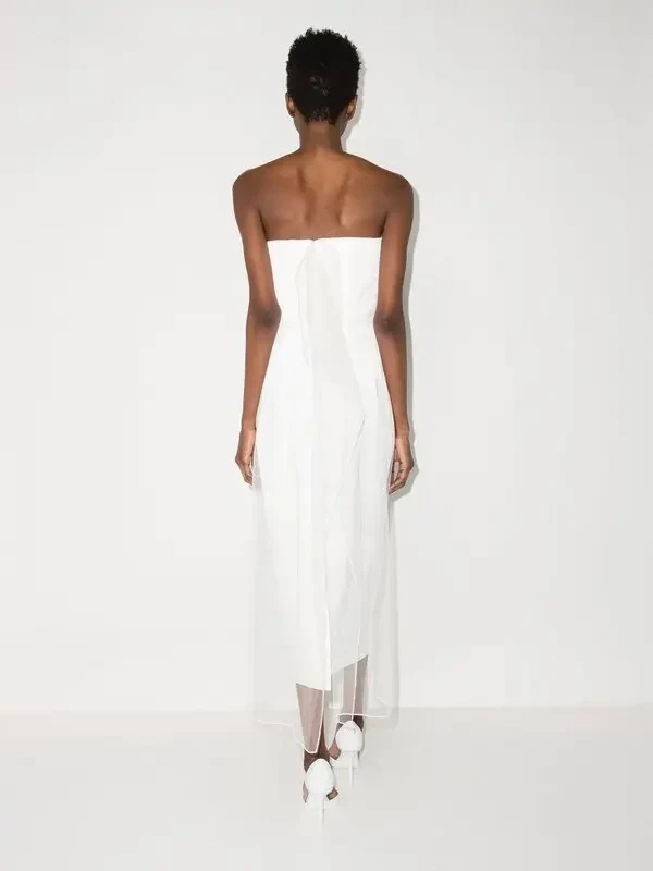 16ARLINGTON Ivory White Minelli Feather Trim Crepe Lace Overlay Strapless Wedding Dress - Imagen 9