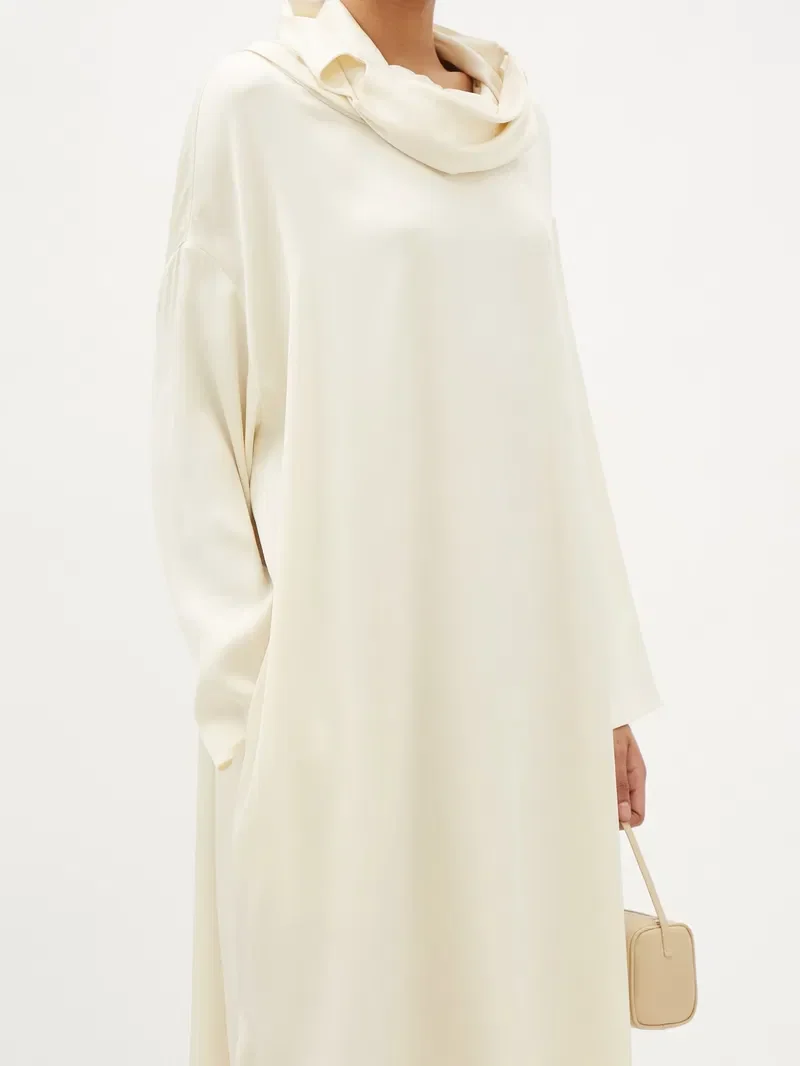The Row Ivory Cowl Neck Silk Twill Long Sleeve Santia Dress - Imagen 4
