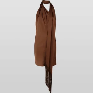 Rat and Boa Serafia Brown Satin Cowl Neck One Shoulder Mini Dress