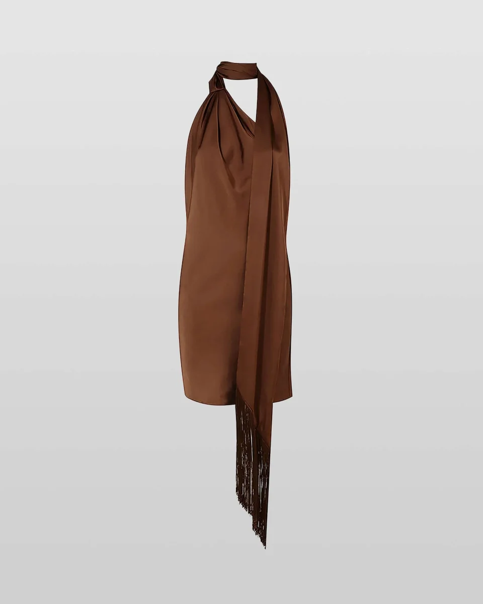 Rat and Boa Serafia Brown Satin Cowl Neck One Shoulder Mini Dress