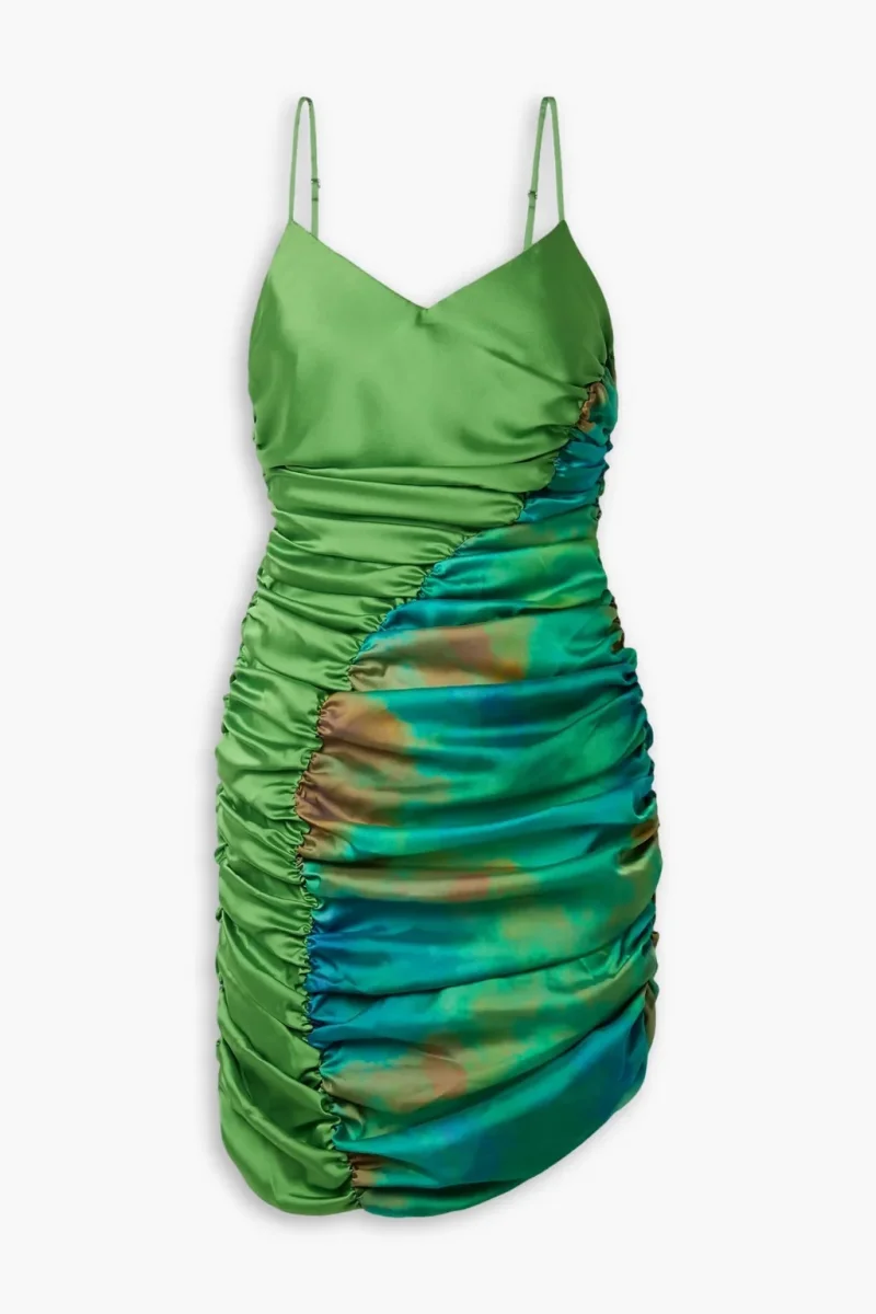AHLUWALIA Jade Gathered Satin Sweetheart Neck Ruched Mini Dress - Imagen 4