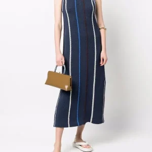 Jil Sander Navy Crochet Knit Stripe Maxi Dress