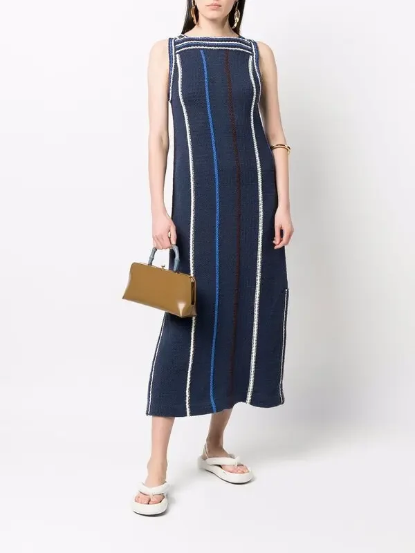 Jil Sander Navy Crochet Knit Stripe Maxi Dress