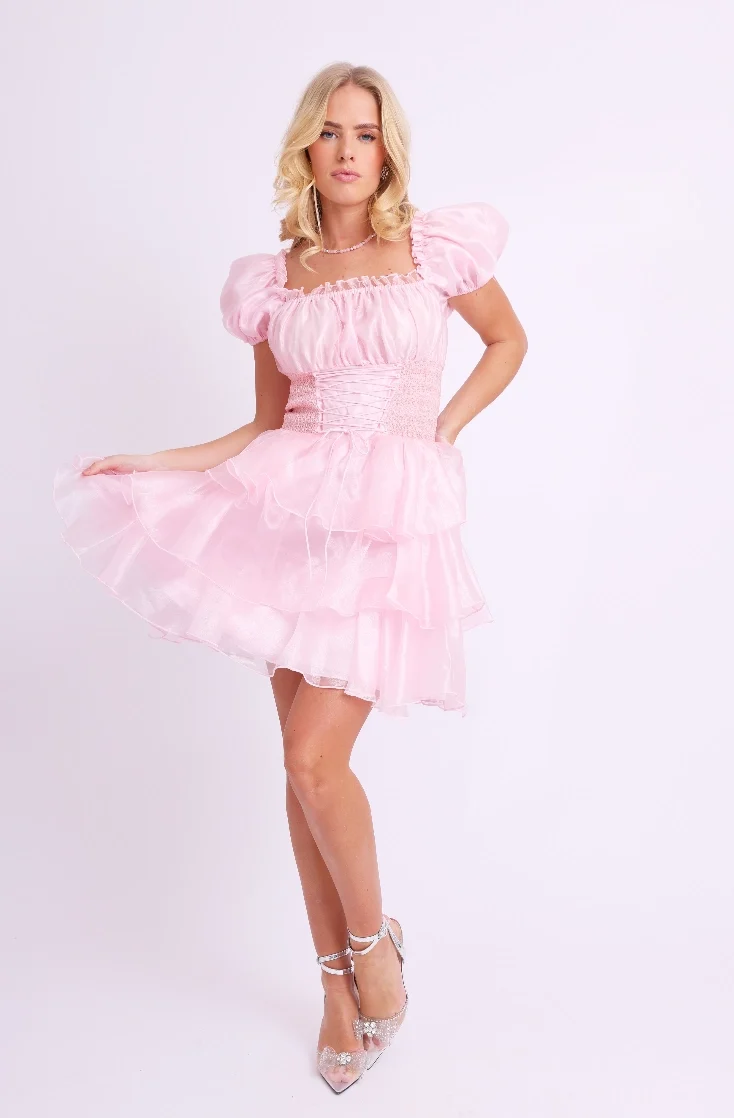 Amy Jane London Pink Arabella Organza Puff Sleeve Corset Bodice Prairie Mini Dress - Imagen 4