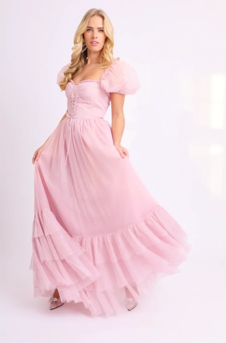 Amy Jane London Pink Tiffany Corset Bodice Sparkly Tulle Puff Sleeve Sweetheart Neck Maxi Gown - Imagen 4