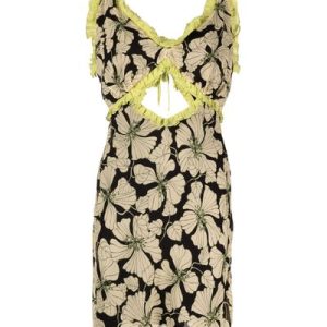 De La Vali Floral Chiffon Ruffle Cut-Out Olive Green Art Deco Mini Dress